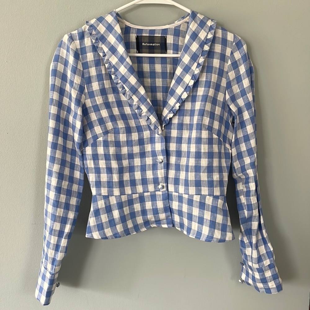 Reformation baby blue gingham linen blouse